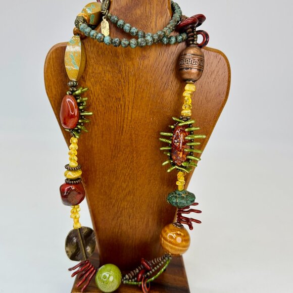 Vintage 36” Mixed Bead Necklace Boho Retro Bronze Clasp - Picture 2 of 6